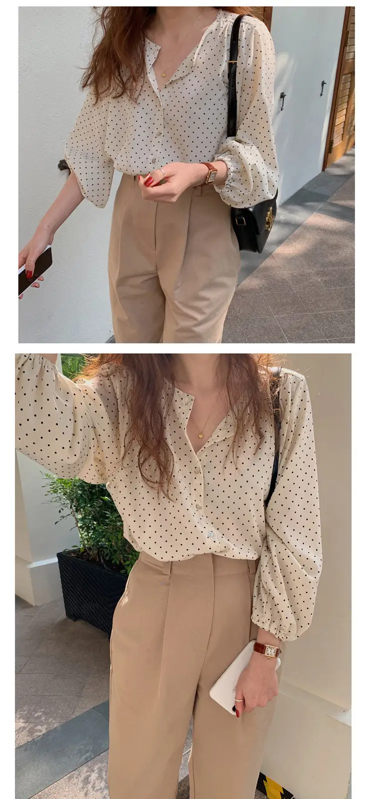 Women's Black Polka Dot Chiffon Long Sleeve Shirt — feature 9
