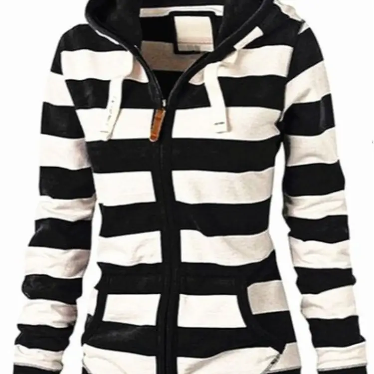 Women's Black White Striped Hooded Jacket Large - Image 5