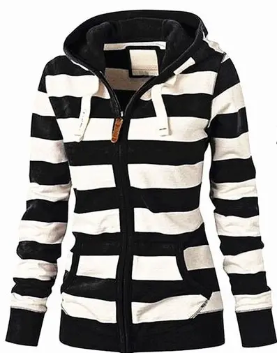 Women's Black White Striped Hooded Jacket Large — feature 4