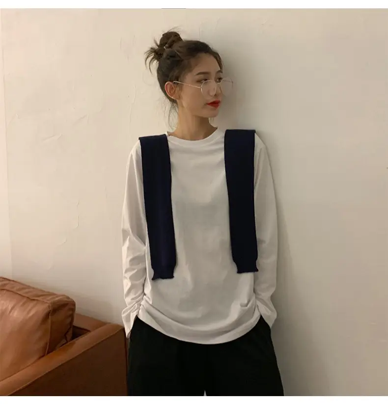 Women's White Long Sleeve T-Shirt with Navy Straps — feature 10