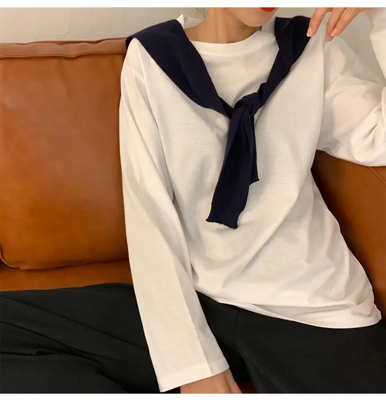Women's White Long Sleeve T-Shirt with Navy Straps — feature 5