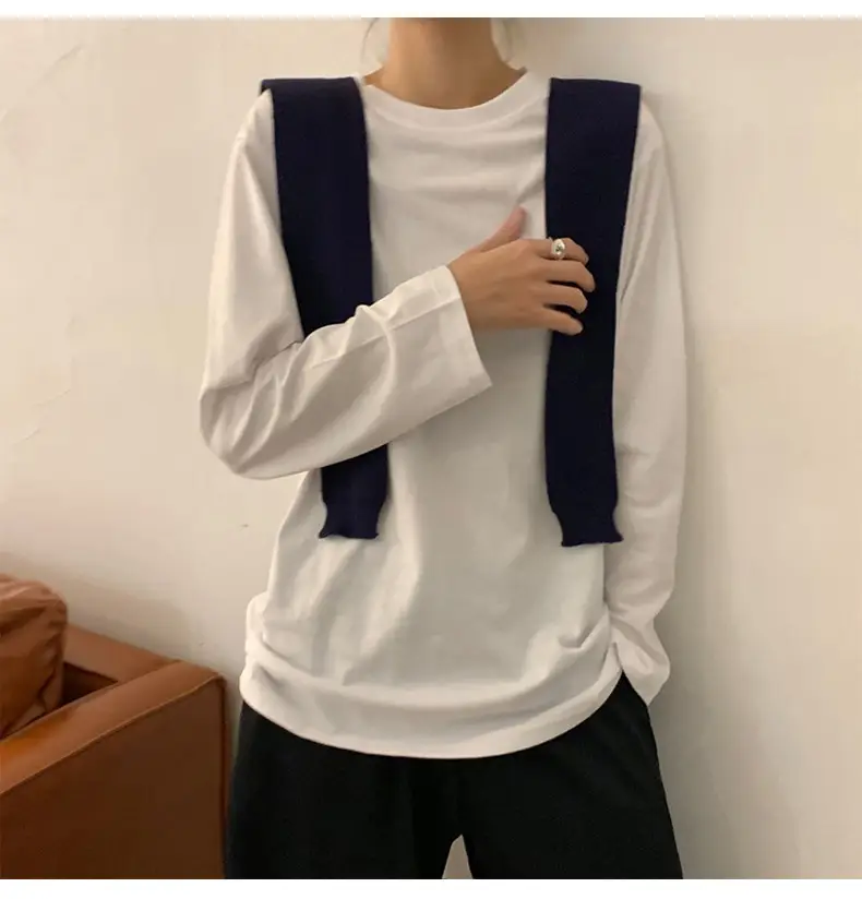 Women's White Long Sleeve T-Shirt with Navy Straps — feature 8