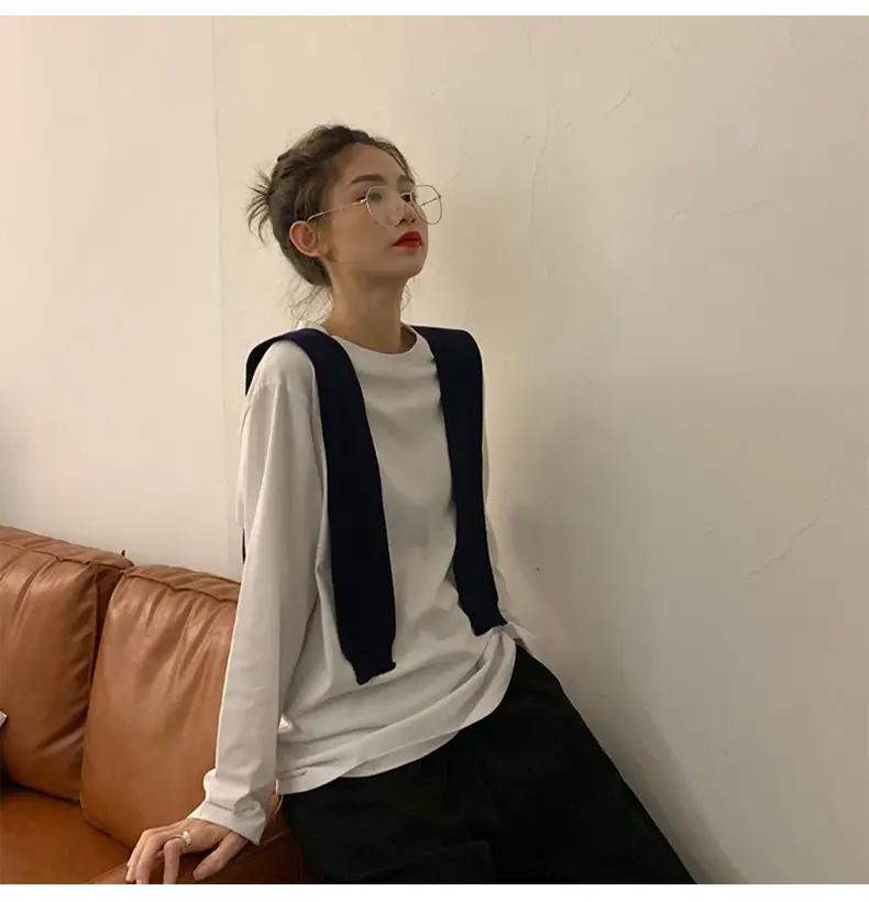 Women's White Long Sleeve T-Shirt with Navy Straps — feature 9