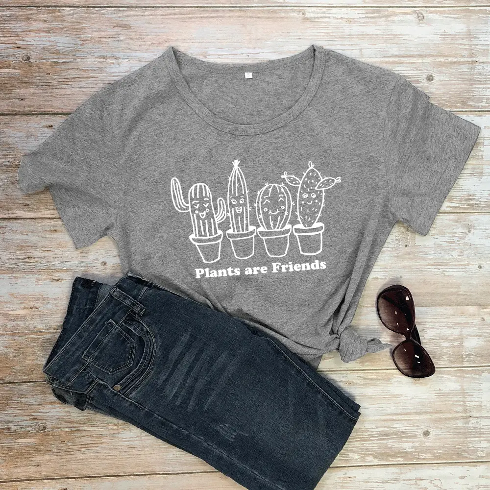 White T-Shirt "Plants Are Friends" Cactus Print - Image 9
