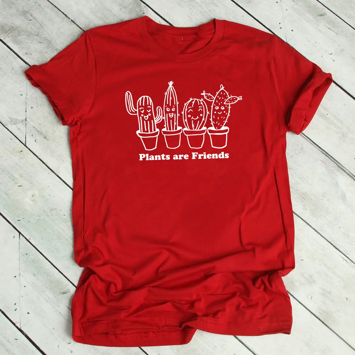 White T-Shirt "Plants Are Friends" Cactus Print - Image 10