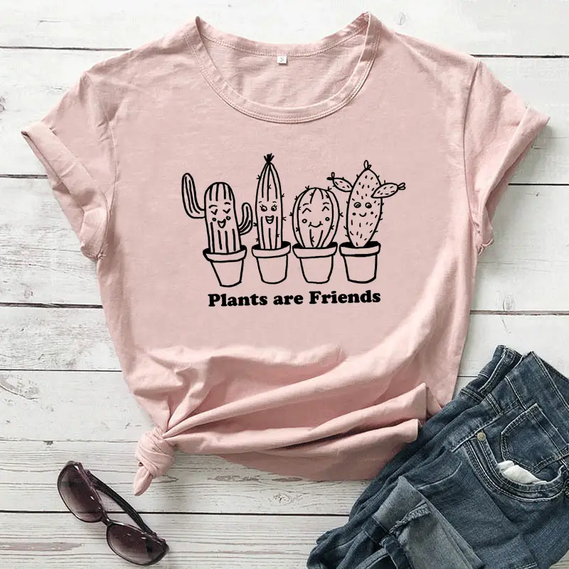 White T-Shirt "Plants Are Friends" Cactus Print - Image 12