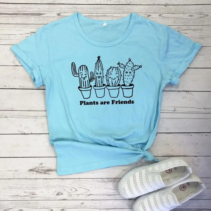 White T-Shirt "Plants Are Friends" Cactus Print - Image 13