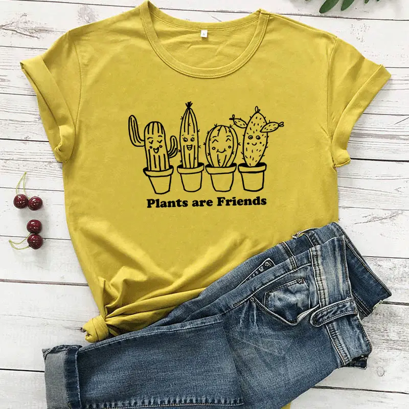 White T-Shirt "Plants Are Friends" Cactus Print - Image 14