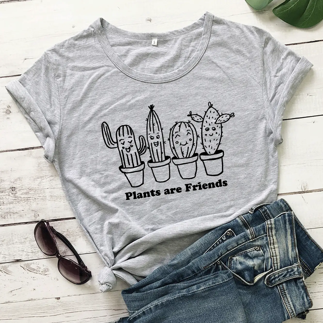 White T-Shirt "Plants Are Friends" Cactus Print - Image 3