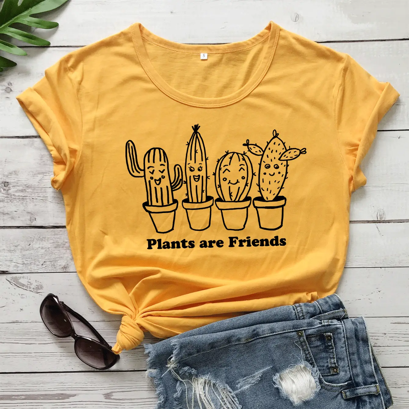 White T-Shirt "Plants Are Friends" Cactus Print - Image 5