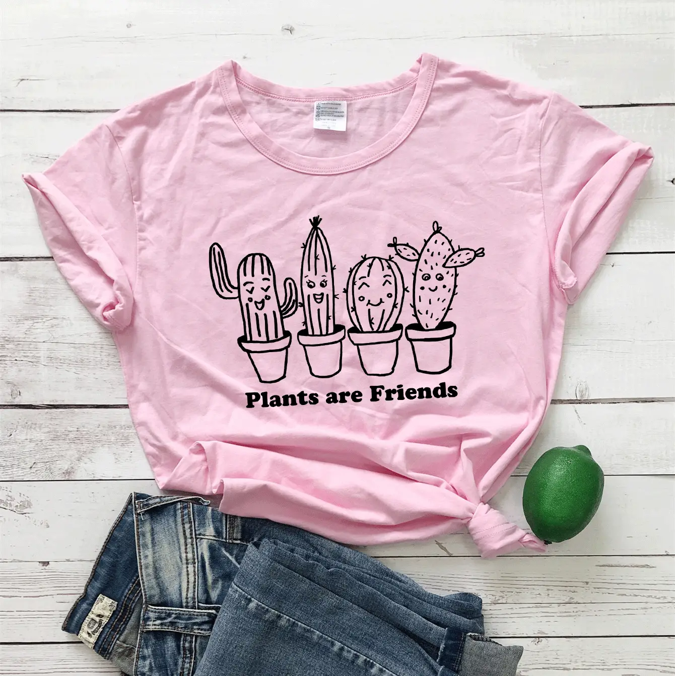 White T-Shirt "Plants Are Friends" Cactus Print - Image 6