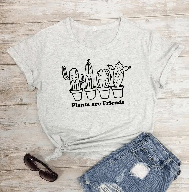 White T-Shirt "Plants Are Friends" Cactus Print - Image 8