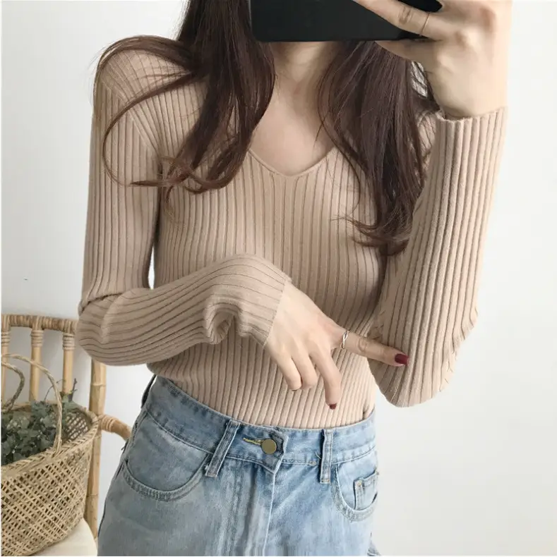Women V-Neck Knitted V-Pullover Slim Fit - Image 2