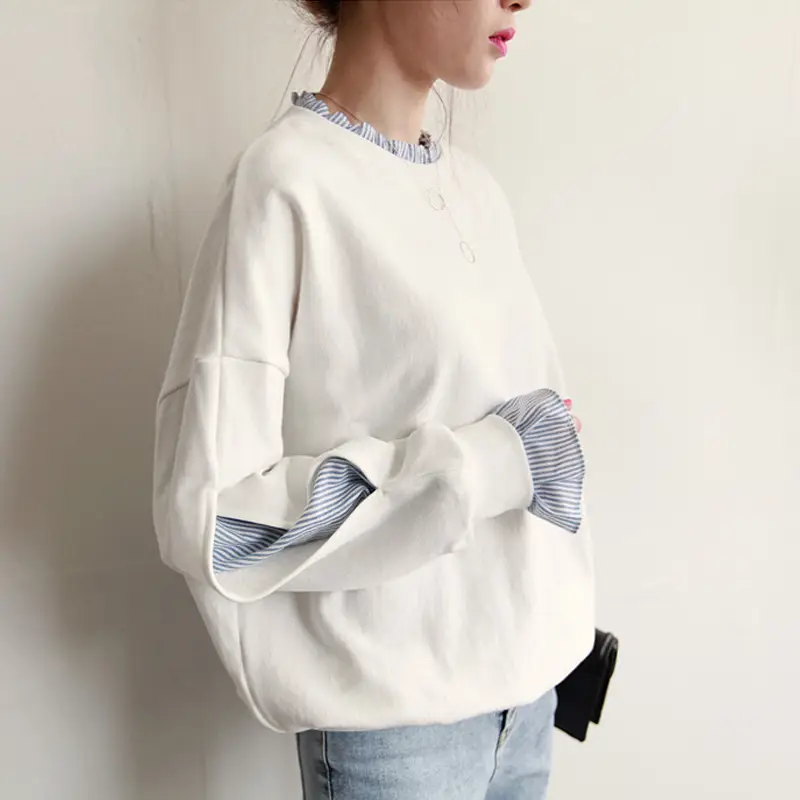 Women Loose Long Sleeve Sweater White Striped Patchwork Coat Top - Image 4