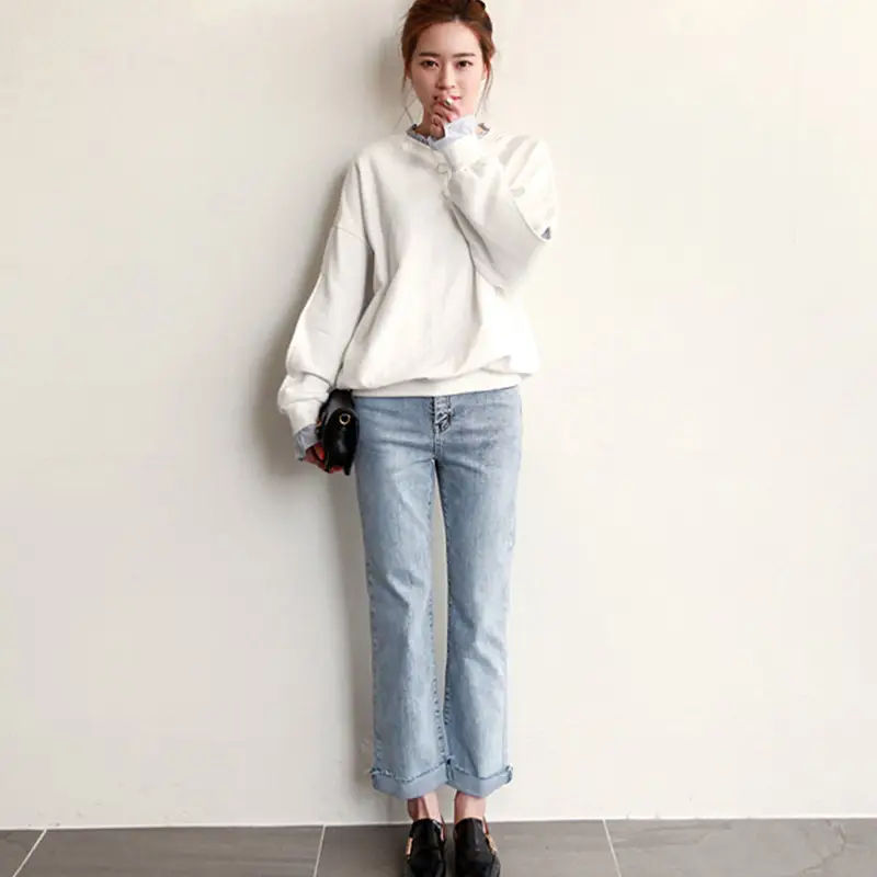 Women Loose Long Sleeve Sweater White Striped Patchwork Coat Top - Image 5