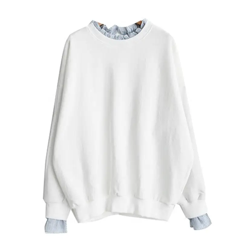 Women Loose Long Sleeve Sweater White Striped Patchwork Coat Top - Image 7