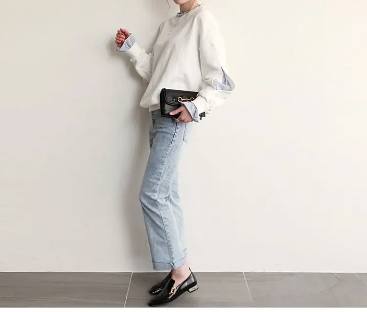 Women Loose Long Sleeve Sweater White Striped Patchwork Coat Top — feature 10