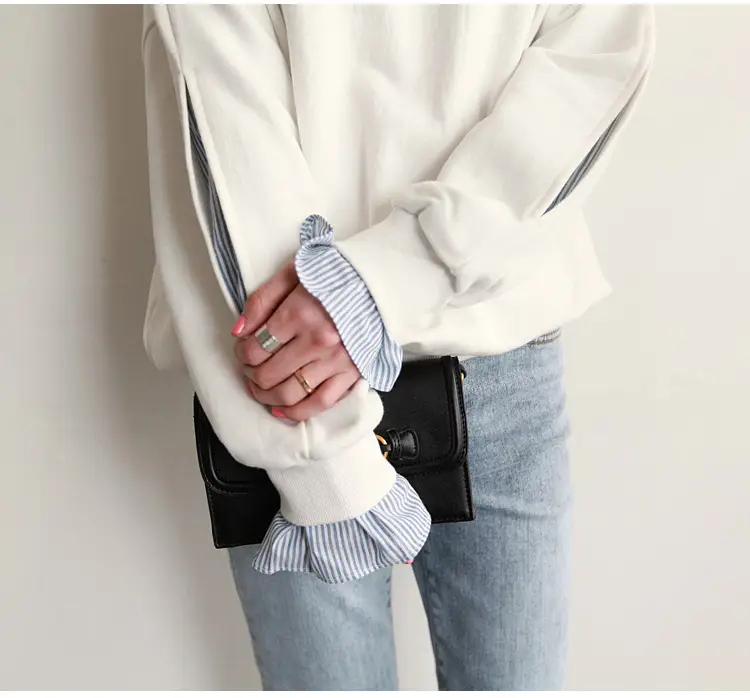 Women Loose Long Sleeve Sweater White Striped Patchwork Coat Top — feature 5