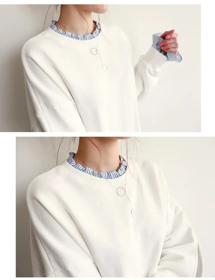 Women Loose Long Sleeve Sweater White Striped Patchwork Coat Top — feature 6