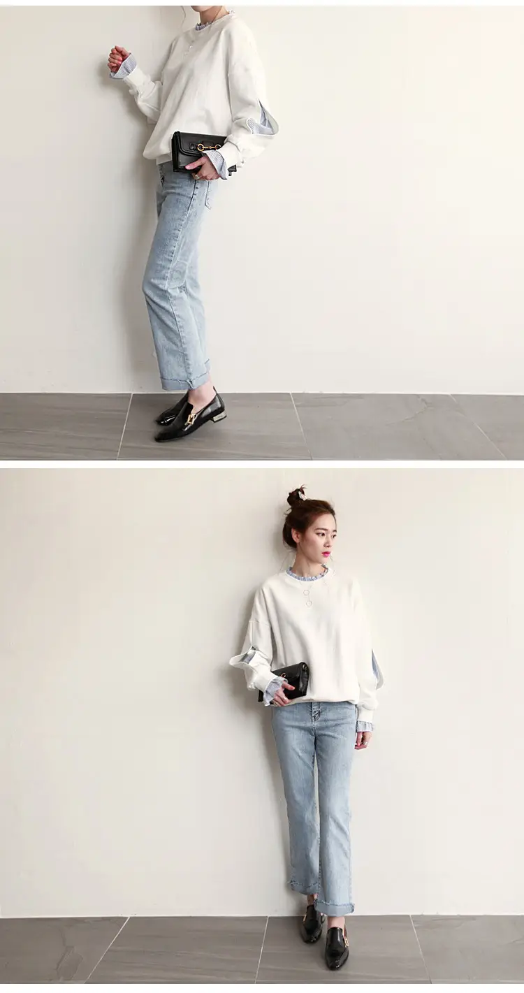 Women Loose Long Sleeve Sweater White Striped Patchwork Coat Top — feature 8