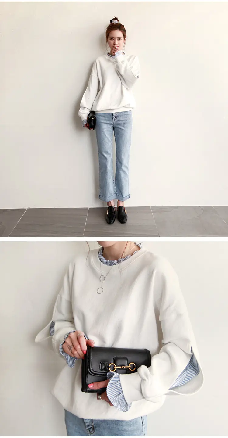 Women Loose Long Sleeve Sweater White Striped Patchwork Coat Top — feature 9
