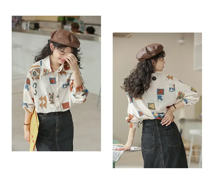 Women Retro Printed Loose Long Sleeve Shirt 2022 — feature 10