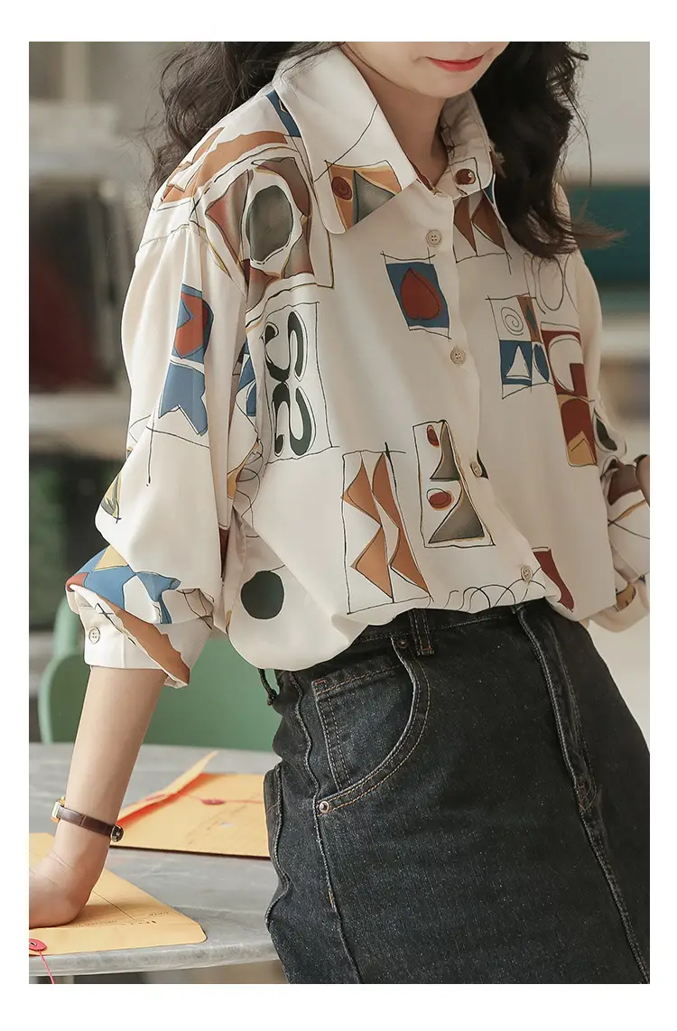 Women Retro Printed Loose Long Sleeve Shirt 2022 — feature 15