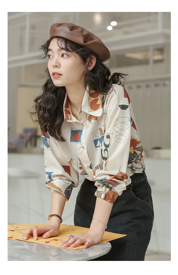 Women Retro Printed Loose Long Sleeve Shirt 2022 — feature 16
