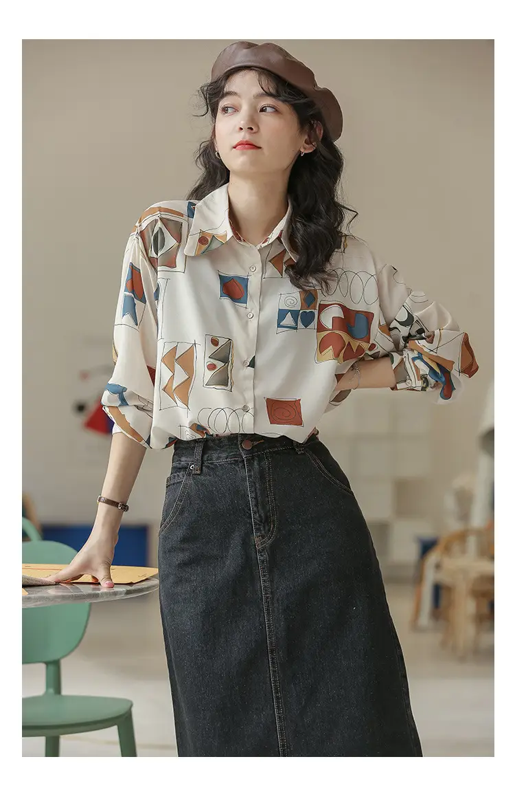 Women Retro Printed Loose Long Sleeve Shirt 2022 — feature 17