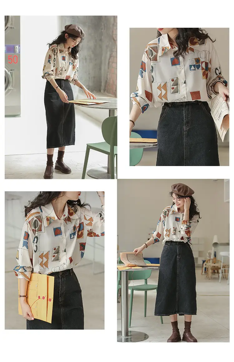 Women Retro Printed Loose Long Sleeve Shirt 2022 — feature 19