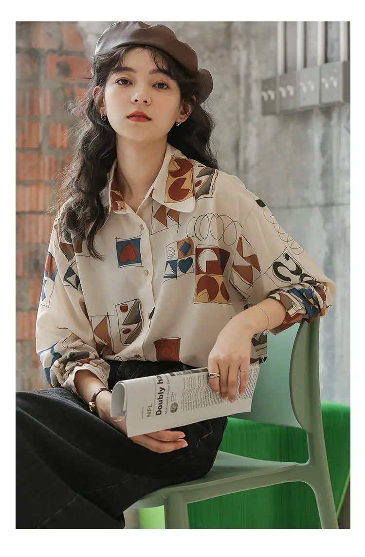 Women Retro Printed Loose Long Sleeve Shirt 2022 — feature 21