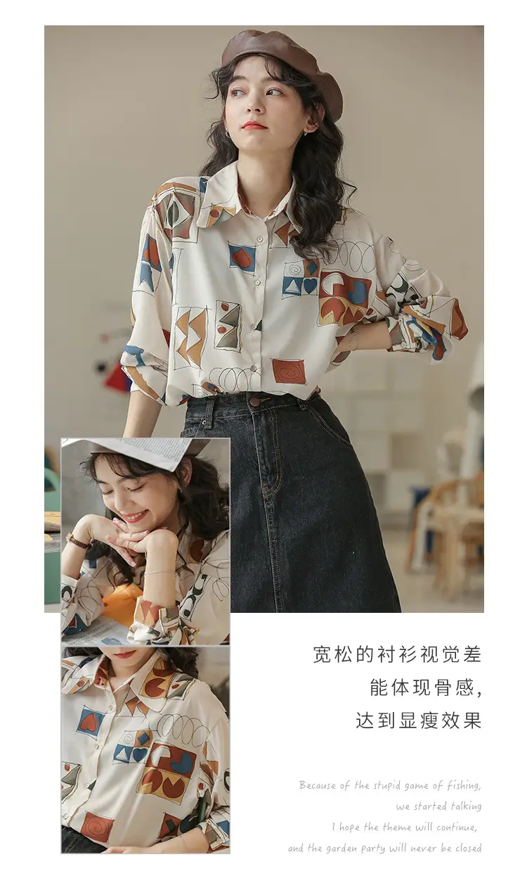 Women Retro Printed Loose Long Sleeve Shirt 2022 — feature 3