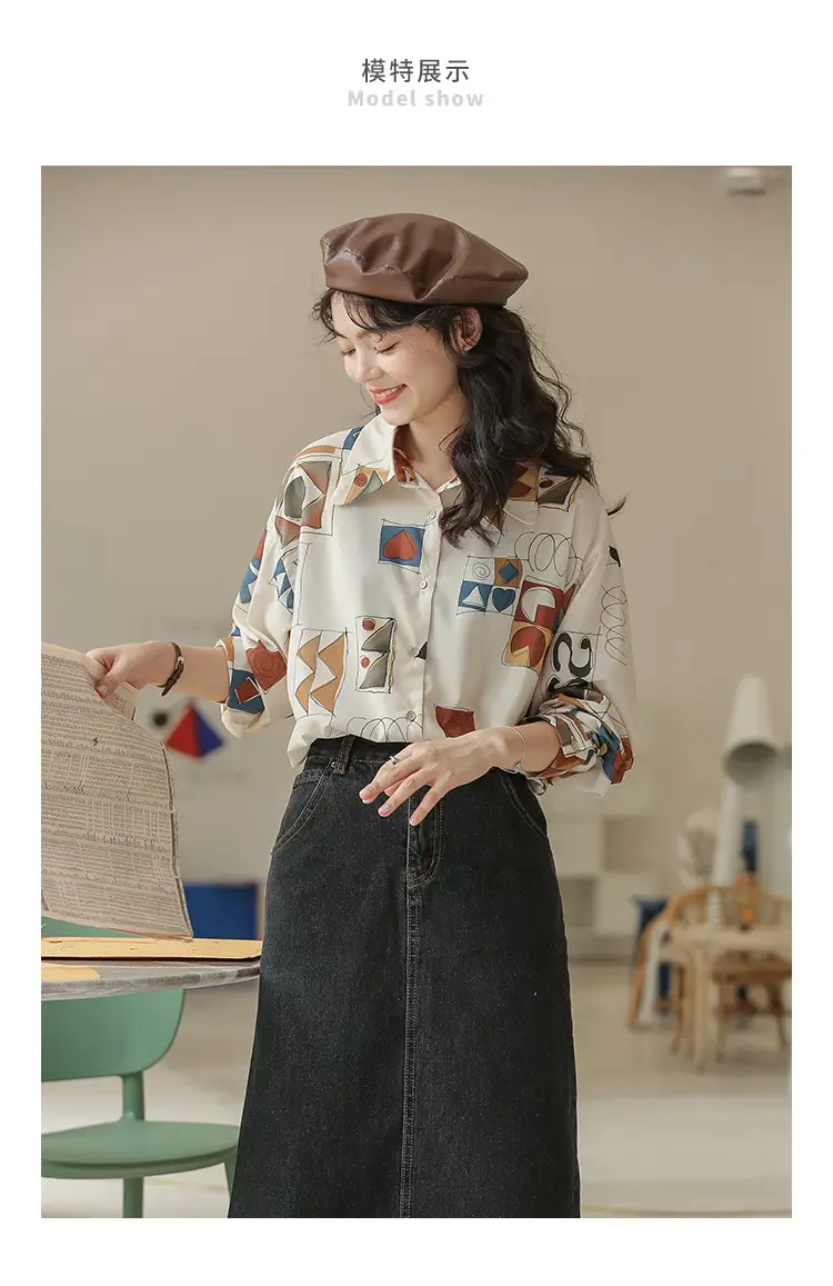 Women Retro Printed Loose Long Sleeve Shirt 2022 — feature 7