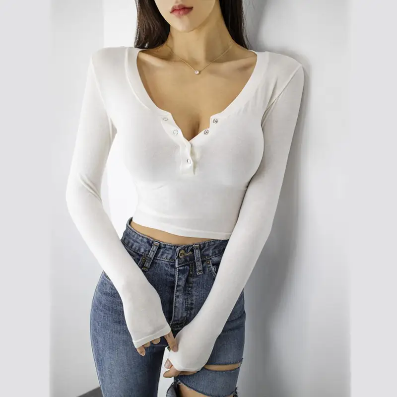 Light Blue Long Sleeve V-Neck Single Breasted Shirt for Women - Image 5