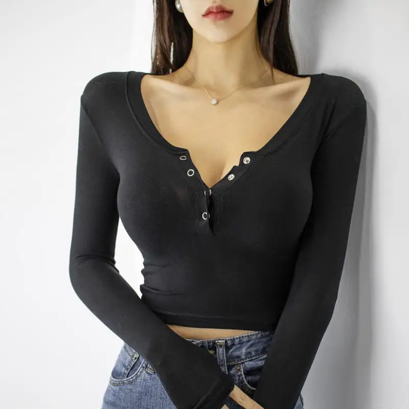 Light Blue Long Sleeve V-Neck Single Breasted Shirt for Women - Image 7
