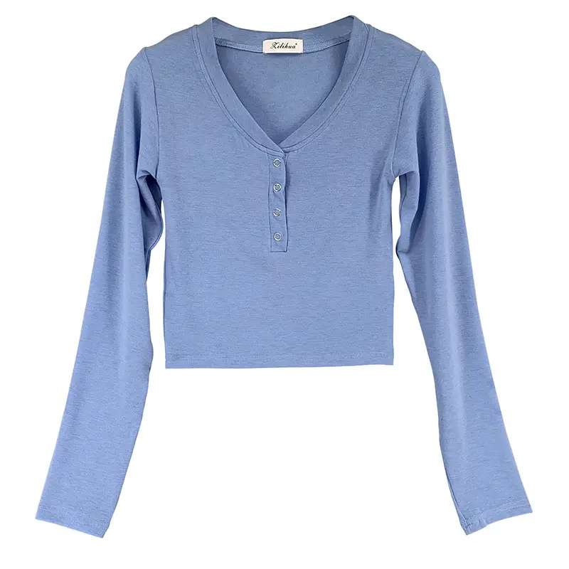 Light Blue Long Sleeve V-Neck Single Breasted Shirt for Women - Image 8