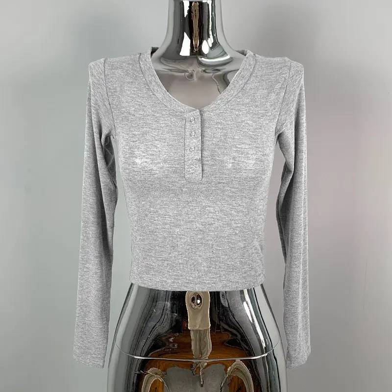 Light Blue Long Sleeve V-Neck Single Breasted Shirt for Women - Image 2