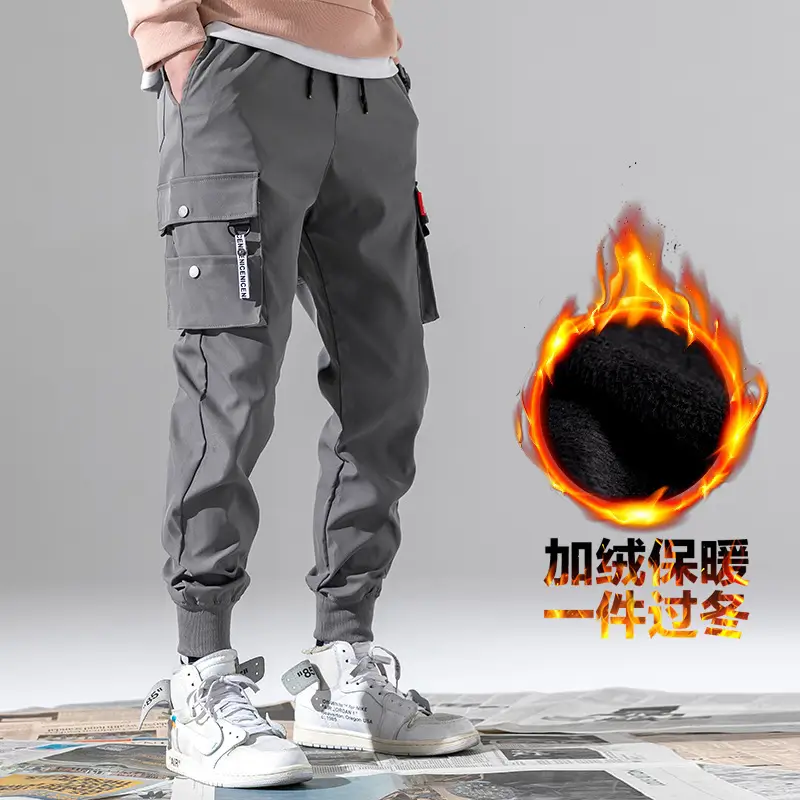 Men Winter Fleece Cargo Pants Black Slim Fit - Image 15