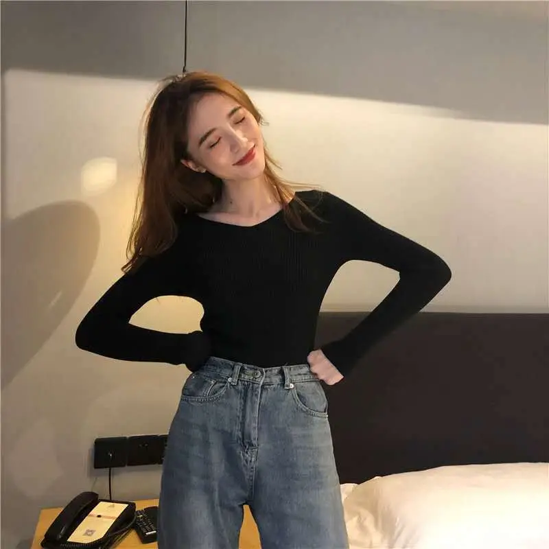 2020 Korean Style Long Sleeve Knitted Top V-Neck Women - Image 15