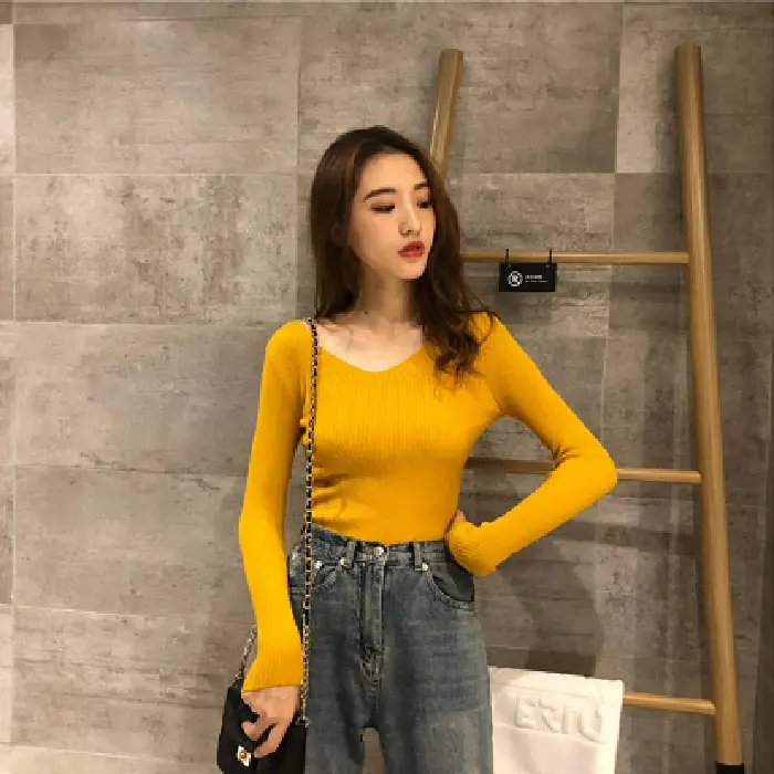 2020 Korean Style Long Sleeve Knitted Top V-Neck Women - Image 2