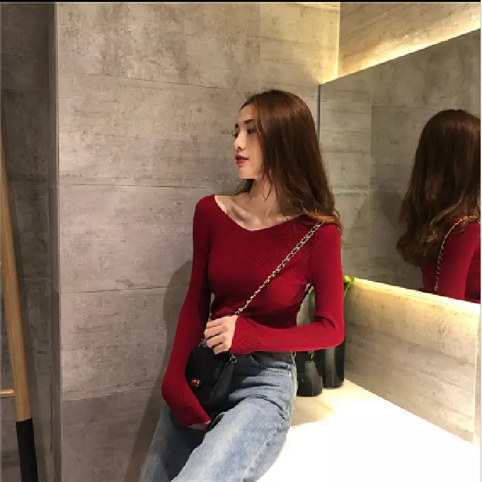 2020 Korean Style Long Sleeve Knitted Top V-Neck Women - Image 3