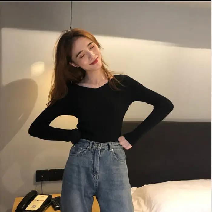 2020 Korean Style Long Sleeve Knitted Top V-Neck Women - Image 5