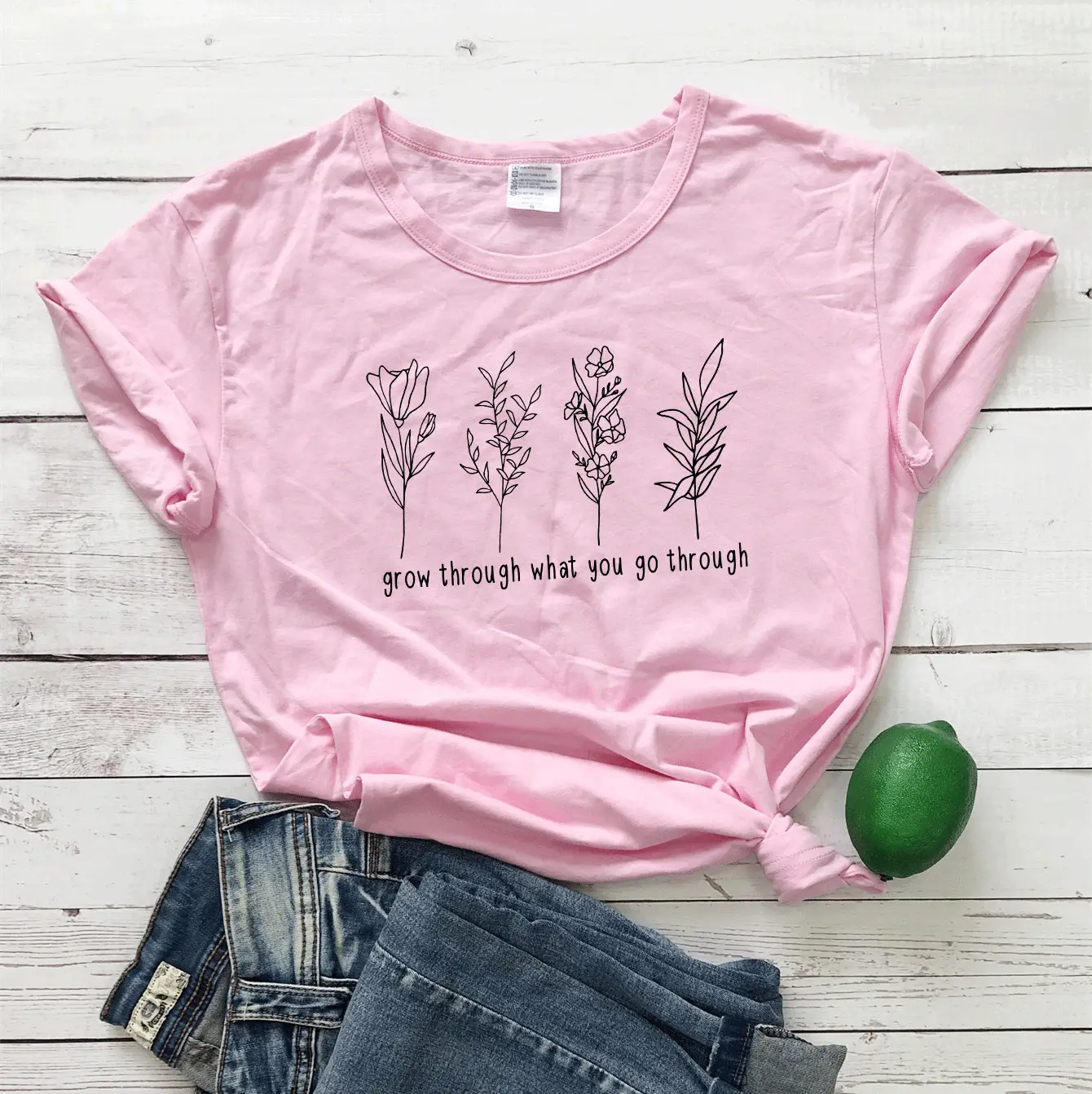 Red Short Sleeve T-Shirt with Floral Print & "Grow Through" Text - Image 6