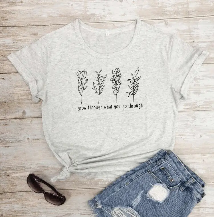 Red Short Sleeve T-Shirt with Floral Print & "Grow Through" Text - Image 9