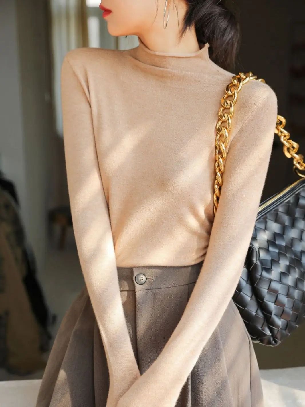 Women Knitted Half-High Collar T-Shirt White Winter - Image 7