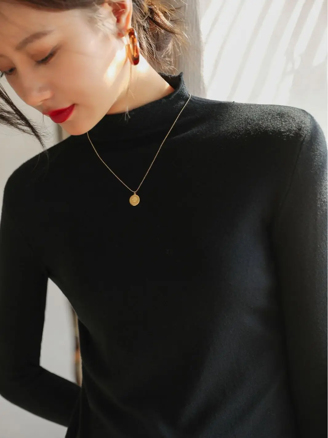 Women Knitted Half-High Collar T-Shirt White Winter - Image 8