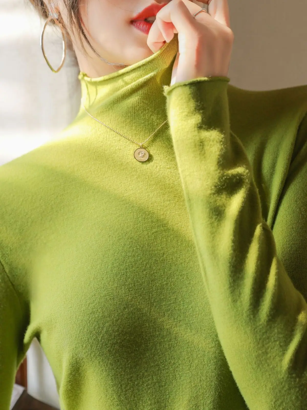Women Knitted Half-High Collar T-Shirt White Winter - Image 10