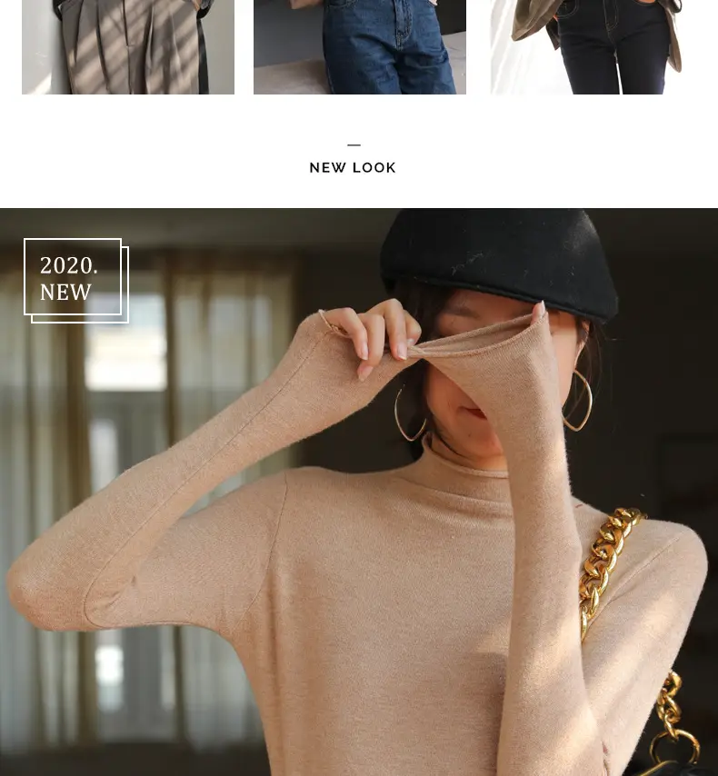 Women Knitted Half-High Collar T-Shirt White Winter — feature 10