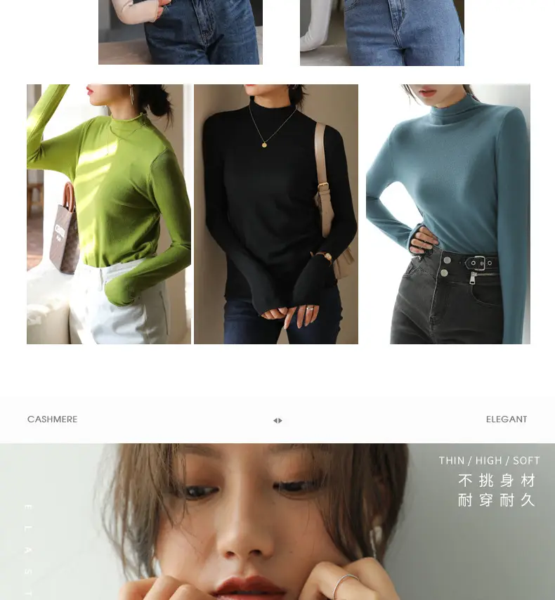 Women Knitted Half-High Collar T-Shirt White Winter — feature 12