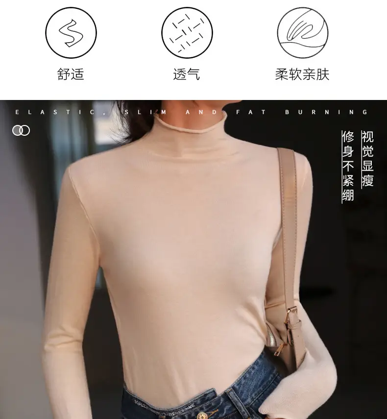Women Knitted Half-High Collar T-Shirt White Winter — feature 14